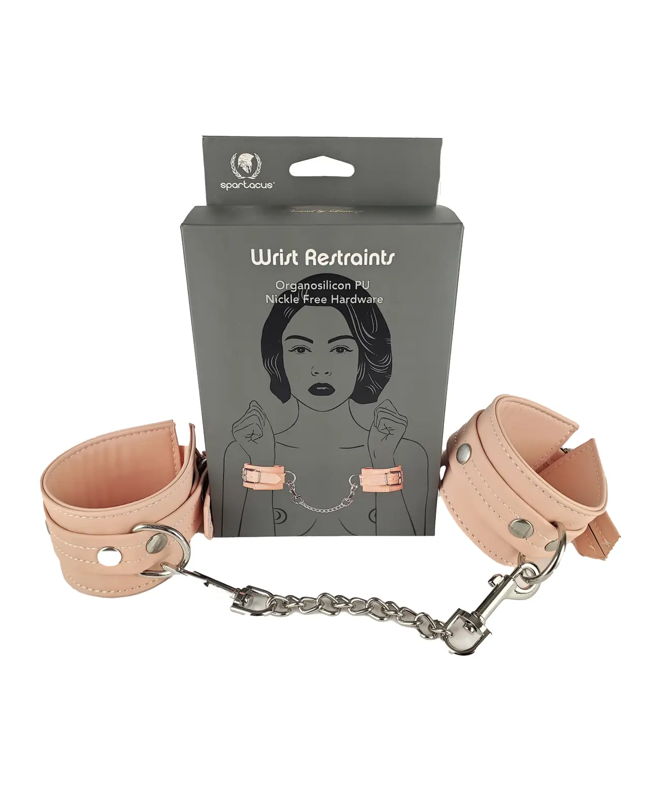 The image is a cartoon woman wearing the wrist cuffs on her wrist. The actual cuffs in pink sit in front of the box.