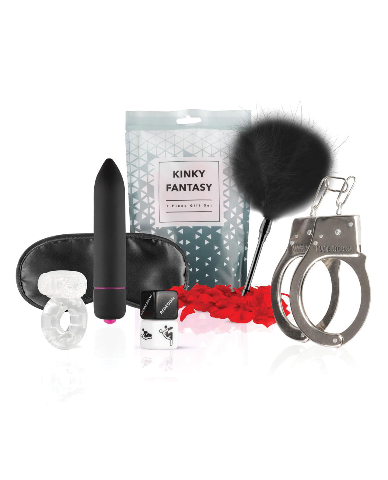 A couples kit in a bag with Rose petals, Mask, Bullet vibrator, Tickler, Hand cuffs, Vibrating, cock ring, Sex dice