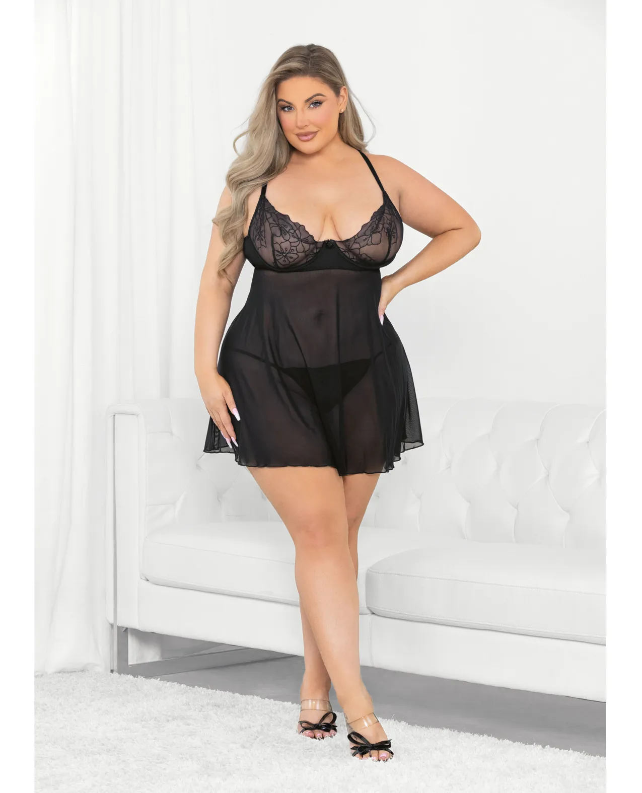 Raised Embroidery Lace Babydoll Black 1X