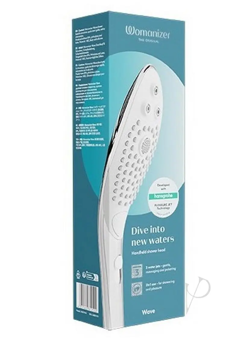 The Womanizer Wave shower head in chrome on a blue box