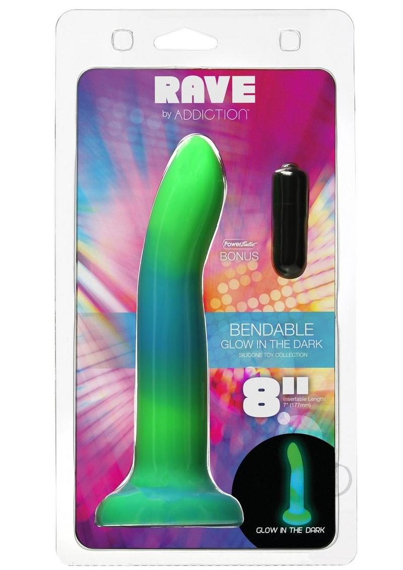Blue and green dildo with black bullet in a multi colored clamshell package