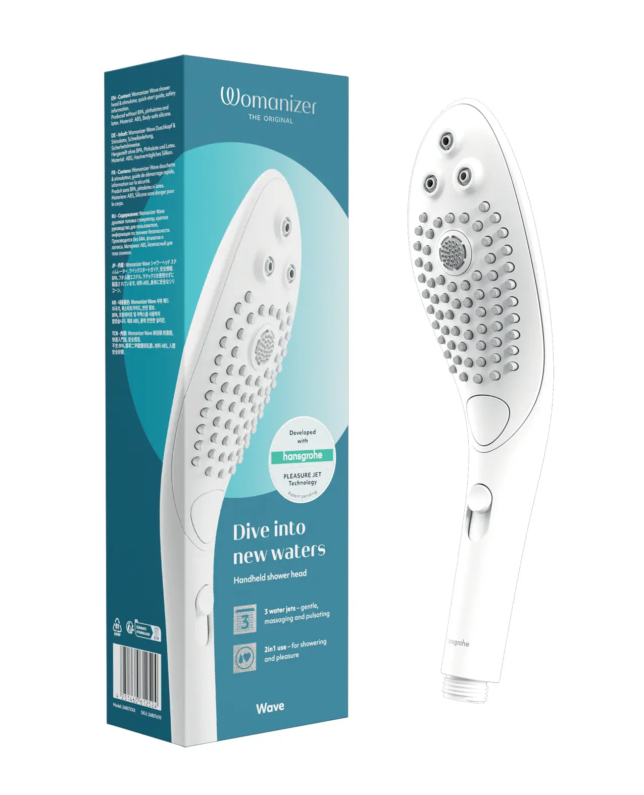 The Womanizer Wave shower head in white on a blue box