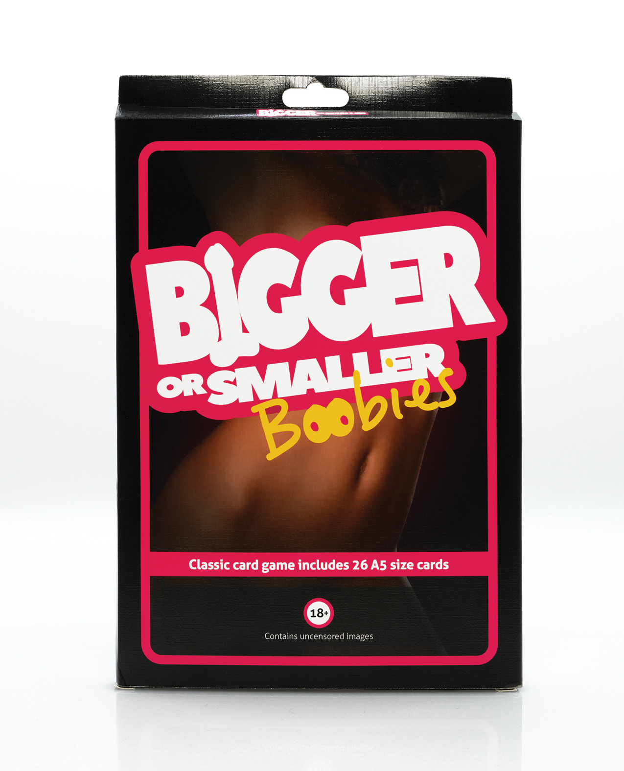 A pack of cards in a box that says "Bigger or Smaller Boobies"
