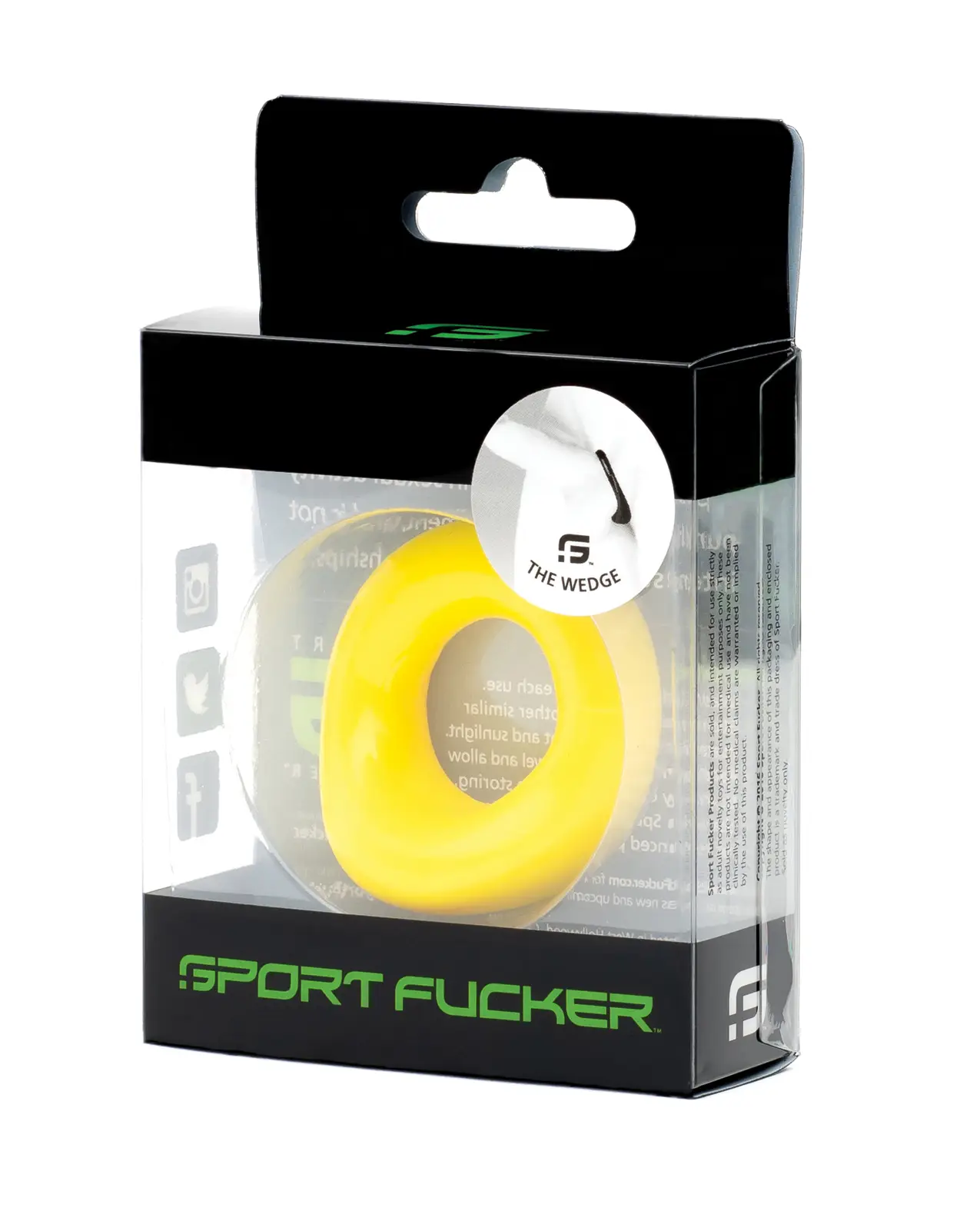 Sport Fucker Silicone The Wedge cock ring in Yellow in a clear and black package that says Sports Fucker in Green along the bottom