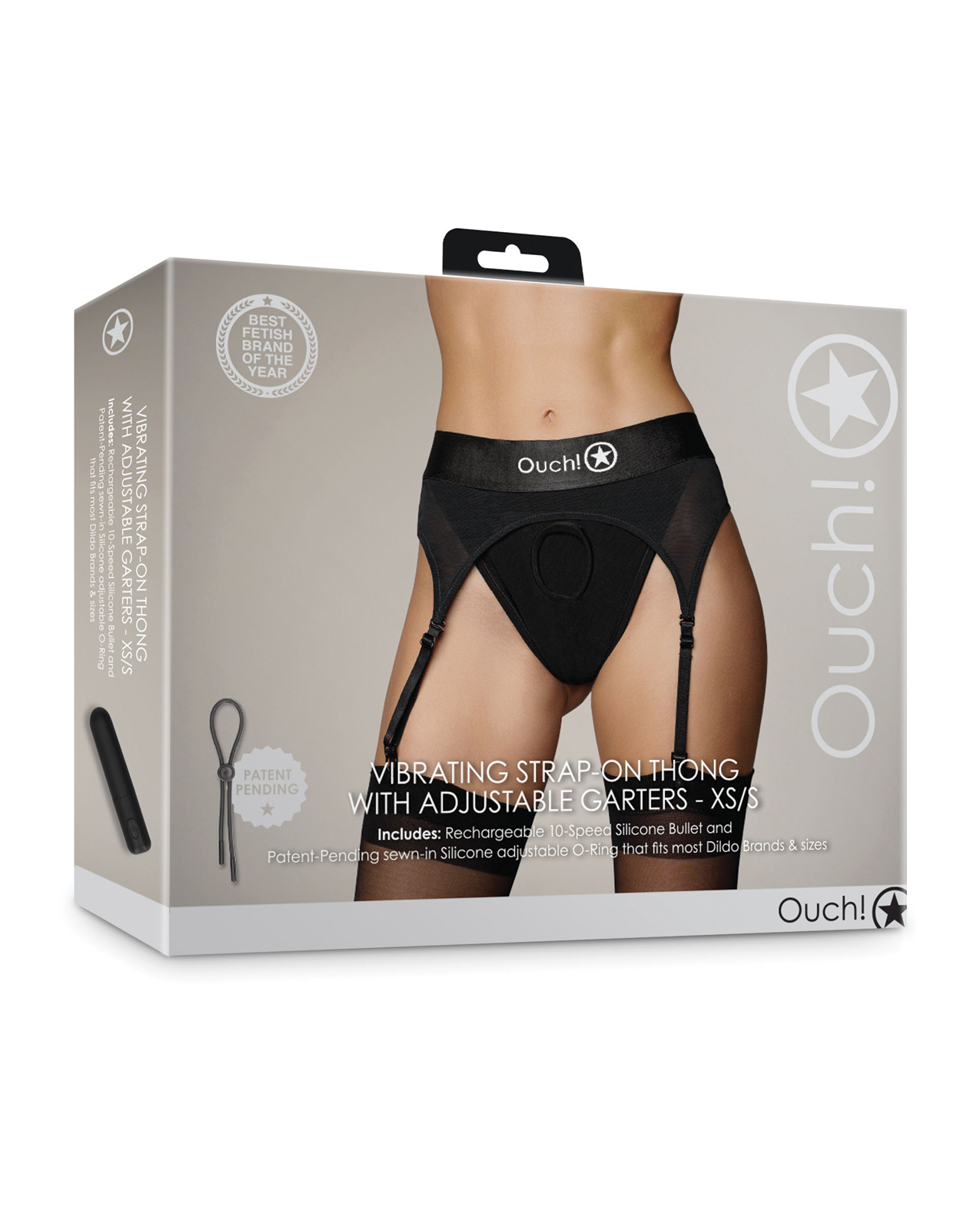 Shots Ouch Vibrating Strap On Thong w/Adjustable Garters - Black XS/S
