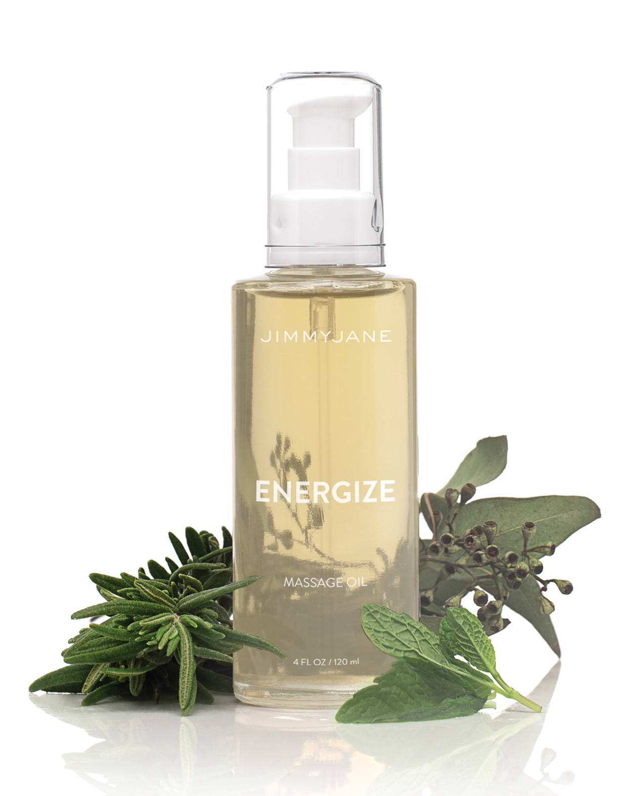 JimmyJane Energize Massage Oil - 4 oz in a clear bottle with leaves scarred around it
