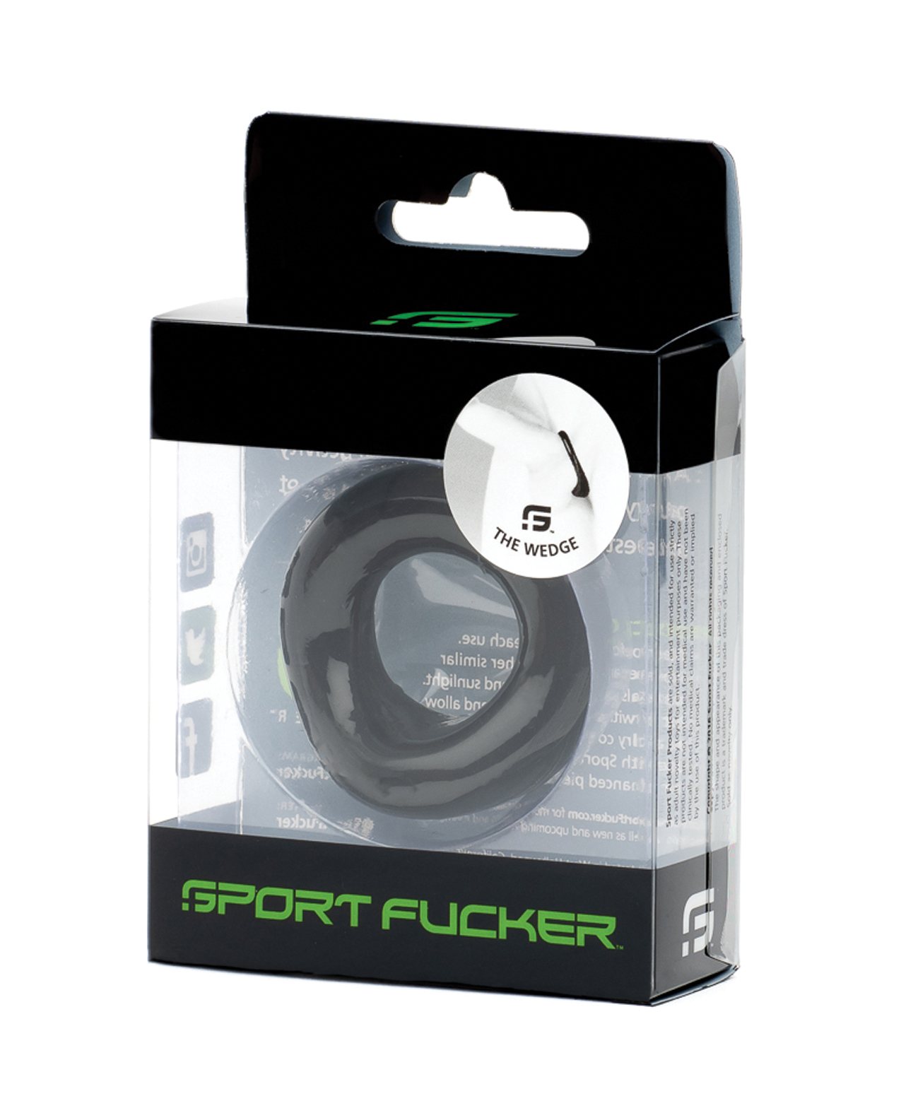 Sport Fucker Silicone The Wedge cock ring in Black in a clear and black package that says Sports Fucker in Green along the bottom