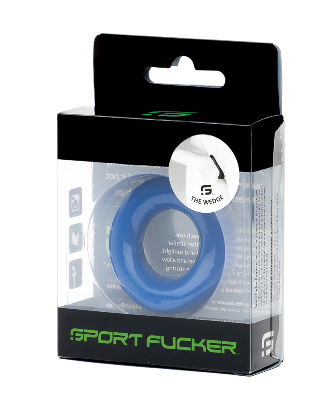 Sport Fucker Silicone The Wedge cock ring in Blue in a clear and black package that says Sports Fucker in Green along the bottom