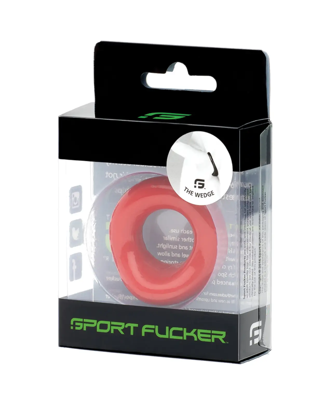 Sport Fucker Silicone The Wedge cock ring in Red in a clear and black package that says Sports Fucker in Green along the bottom