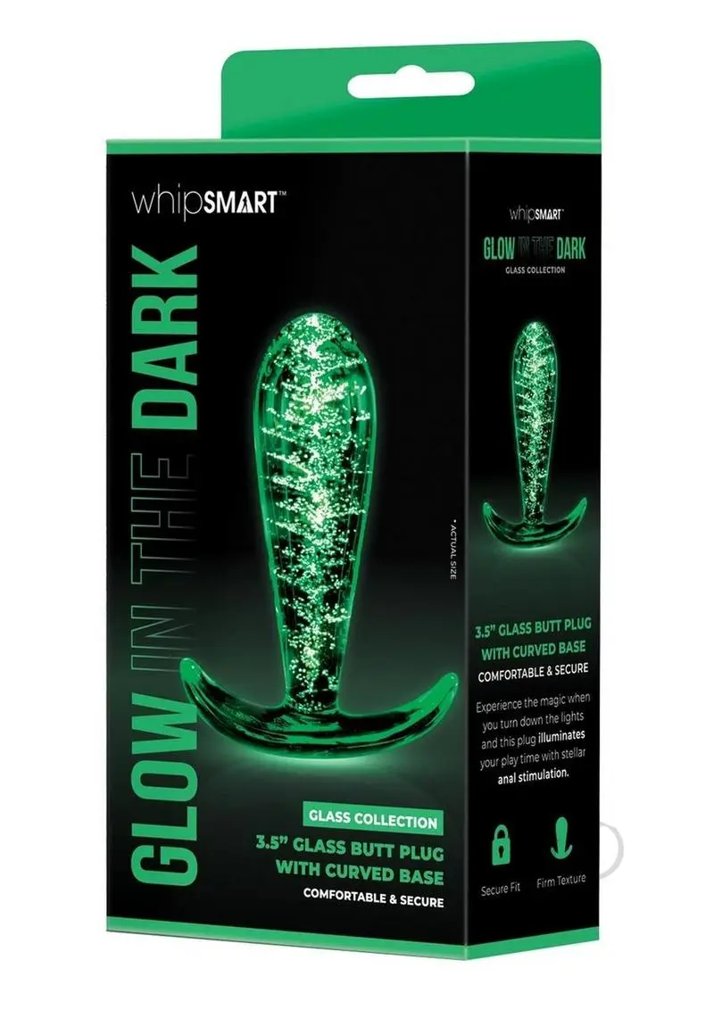 Whipsmart Glass Butt Plug with Curved Base 3.5in - Clear / Glow in the Dark