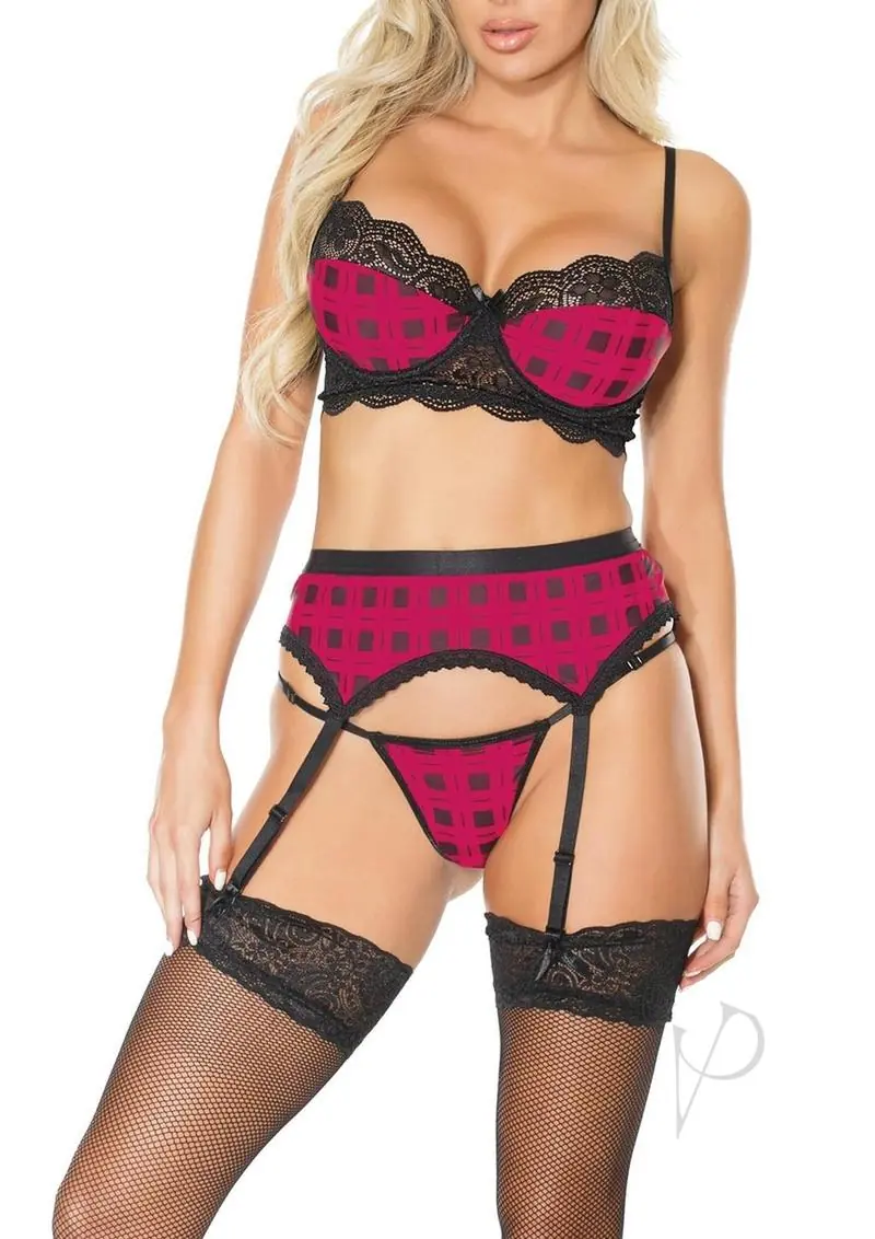 Pink Pussycat Plaid Bra Garter and G-String - Large - Pink/Black