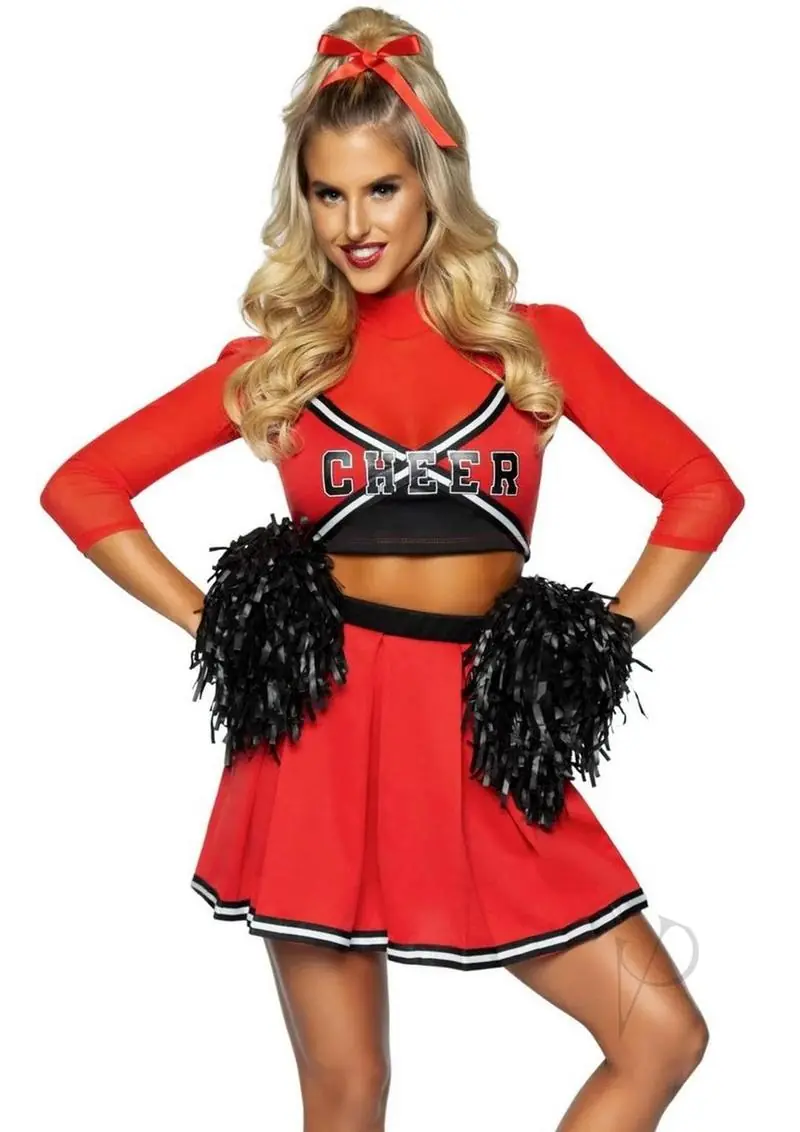 Varsity Babe Crop Top with Pleated Skirt & Poms - Medium/Large - Red