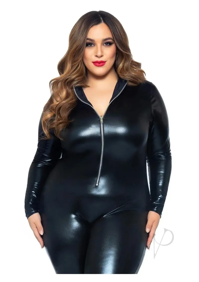 Wet Look Cat Suit - 1X/2X - Black