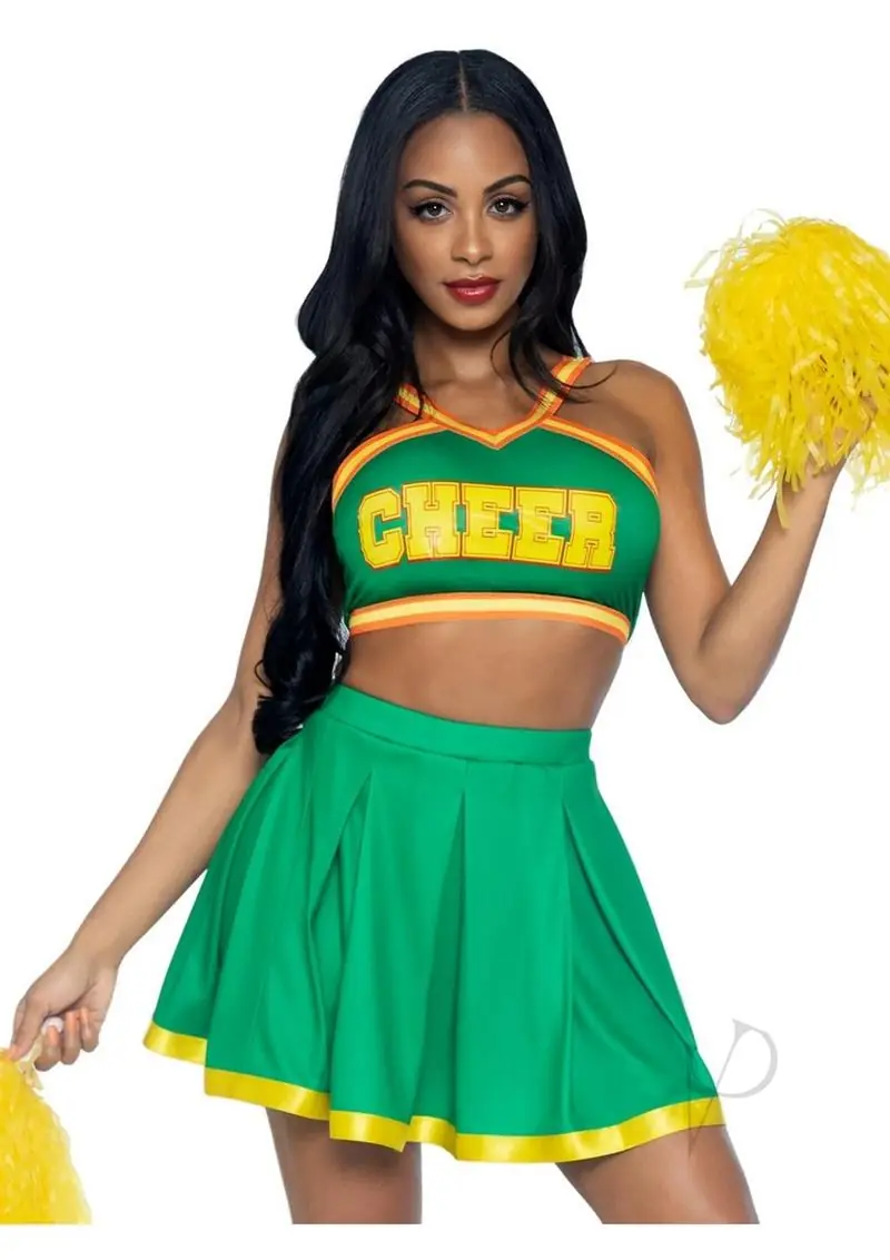 Bring It Baddie Set Top with Cheer Logo Pleated Skirt and Pom Pom - Small/Medium - Green