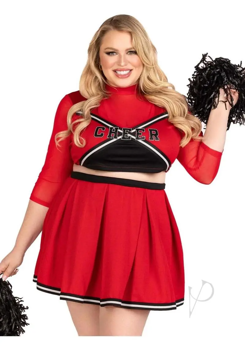 Varsity Babe Crop Top with Pleated Skirt & Poms - 1X/2X - Red