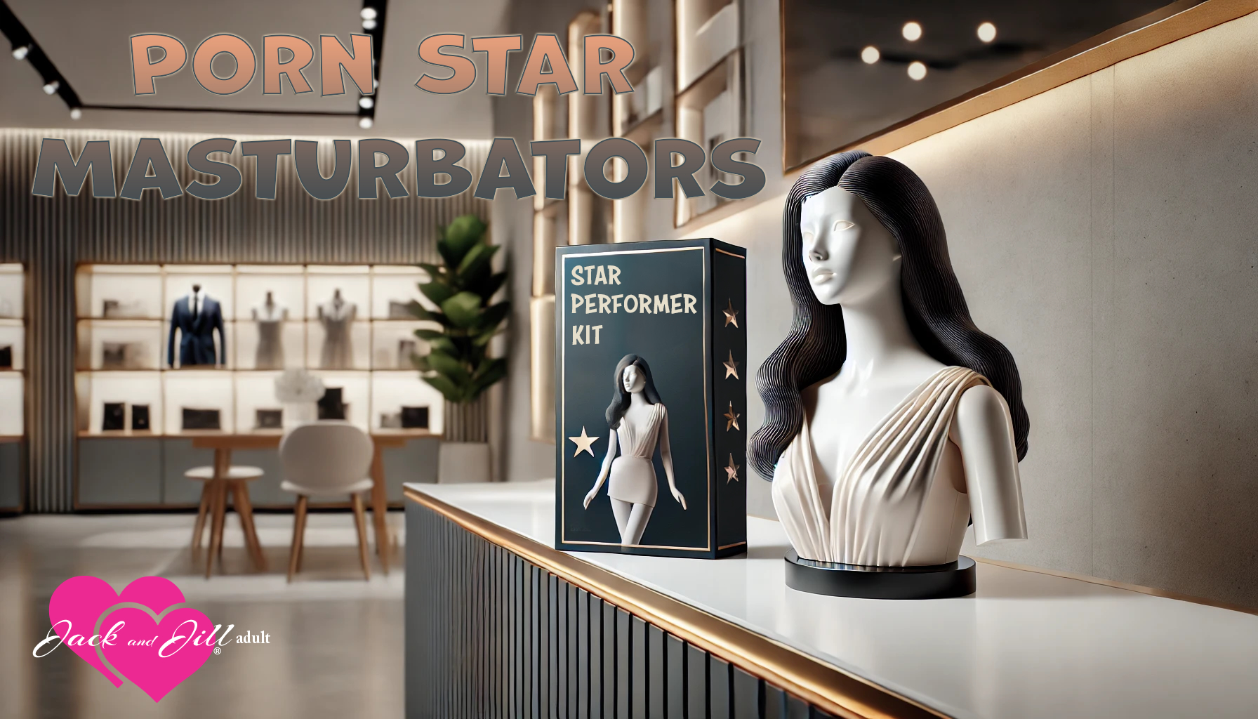 A mannequin in a store featuring the text "porn star masturbators"