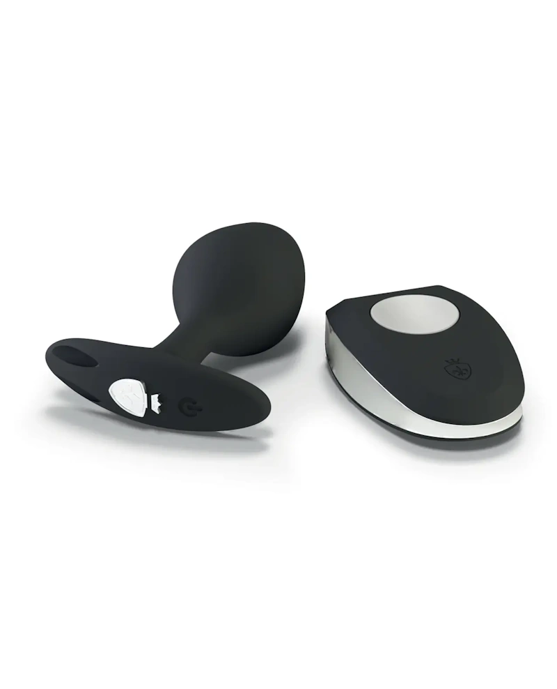 Mystim rocking force silicone butt plug on a white background