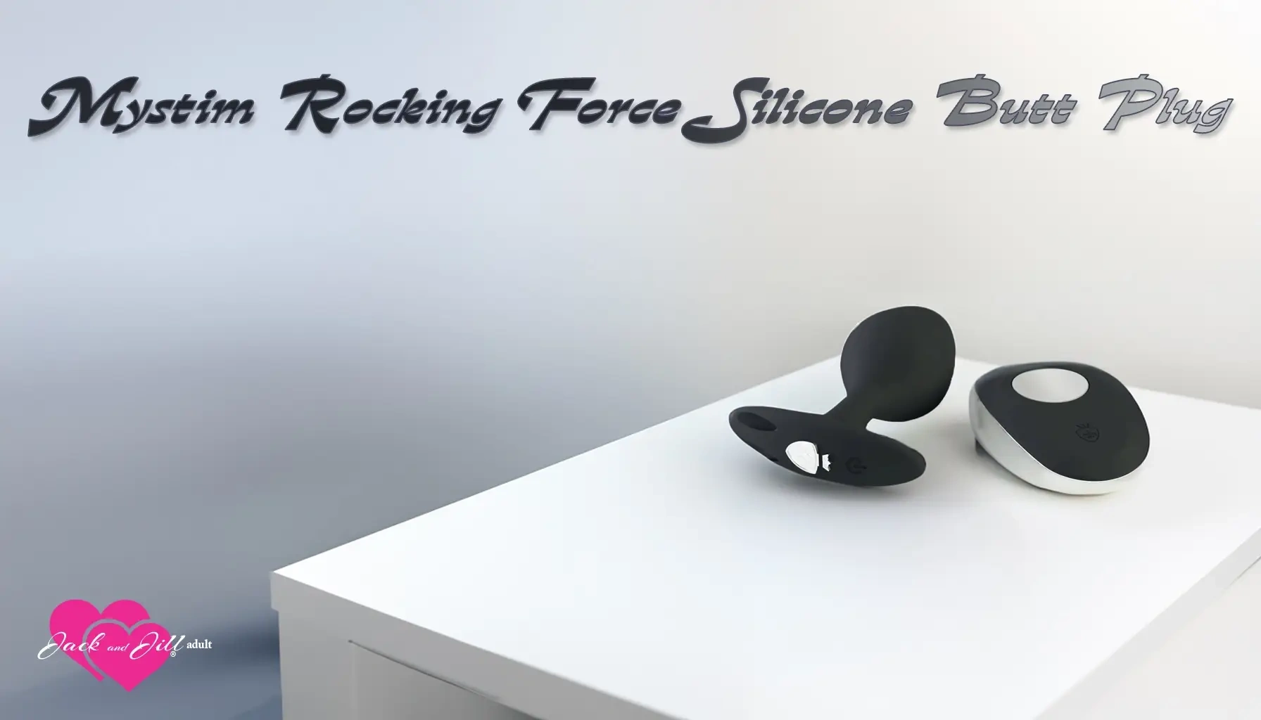 Mystim rocking force silicone butt plug on a white table