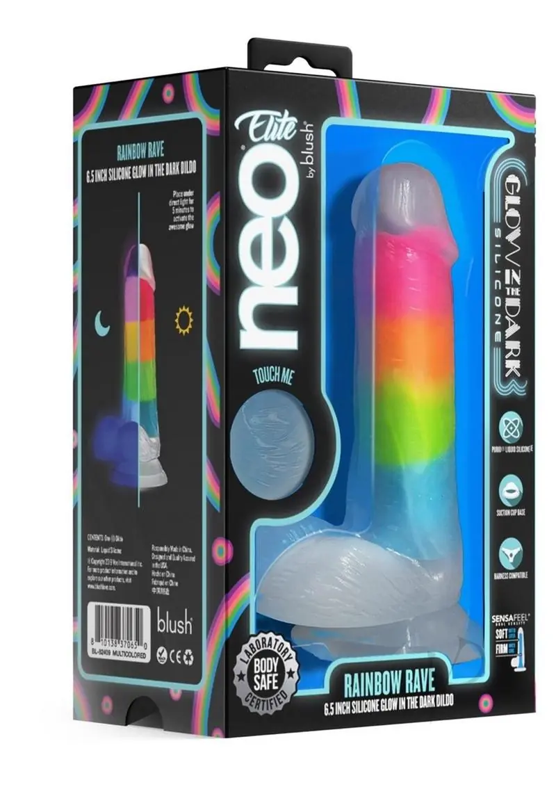 Neo Elite Glow in the Dark Silicone Rainbow Rave Dildo 6.5in