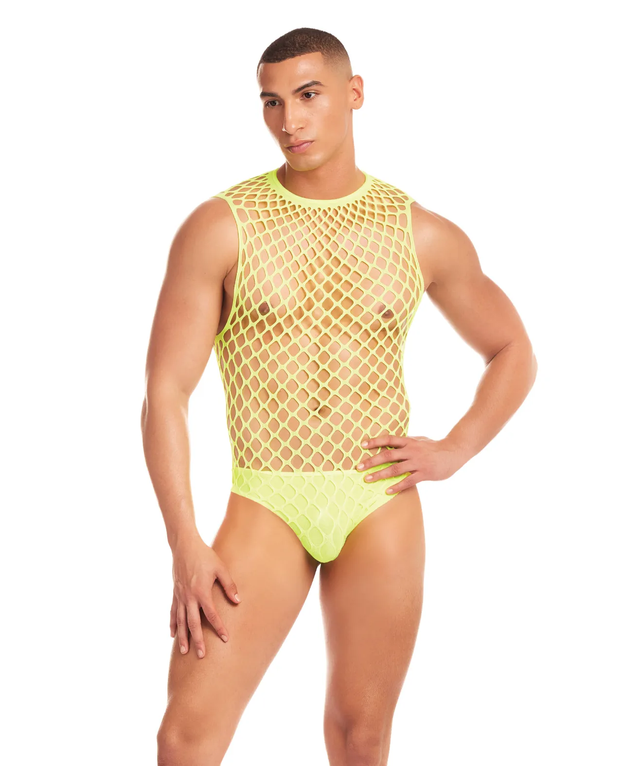 Rainbow Party Full Effect Large Mesh Unitard w/Thong - Yellow L/XL