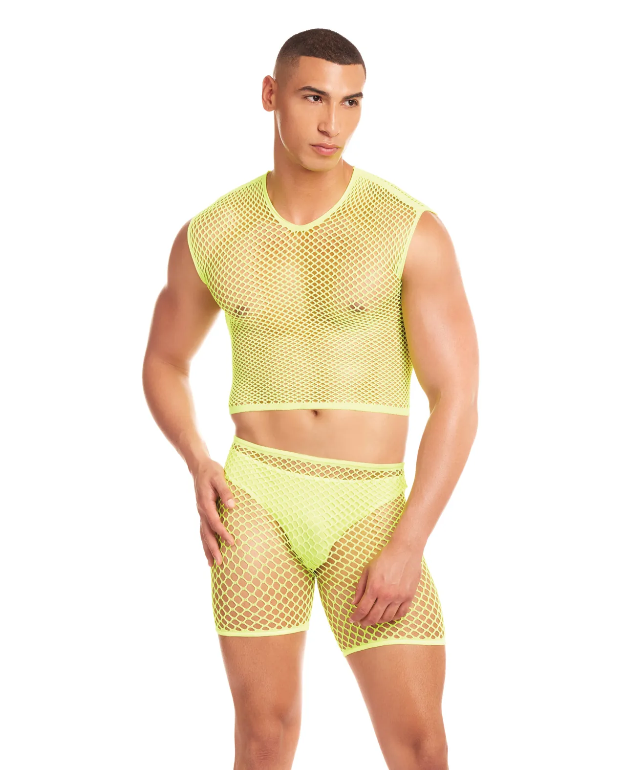 Rainbow Party Net-Bula Large Mesh Long Brief w/Thong - Yellow L/XL