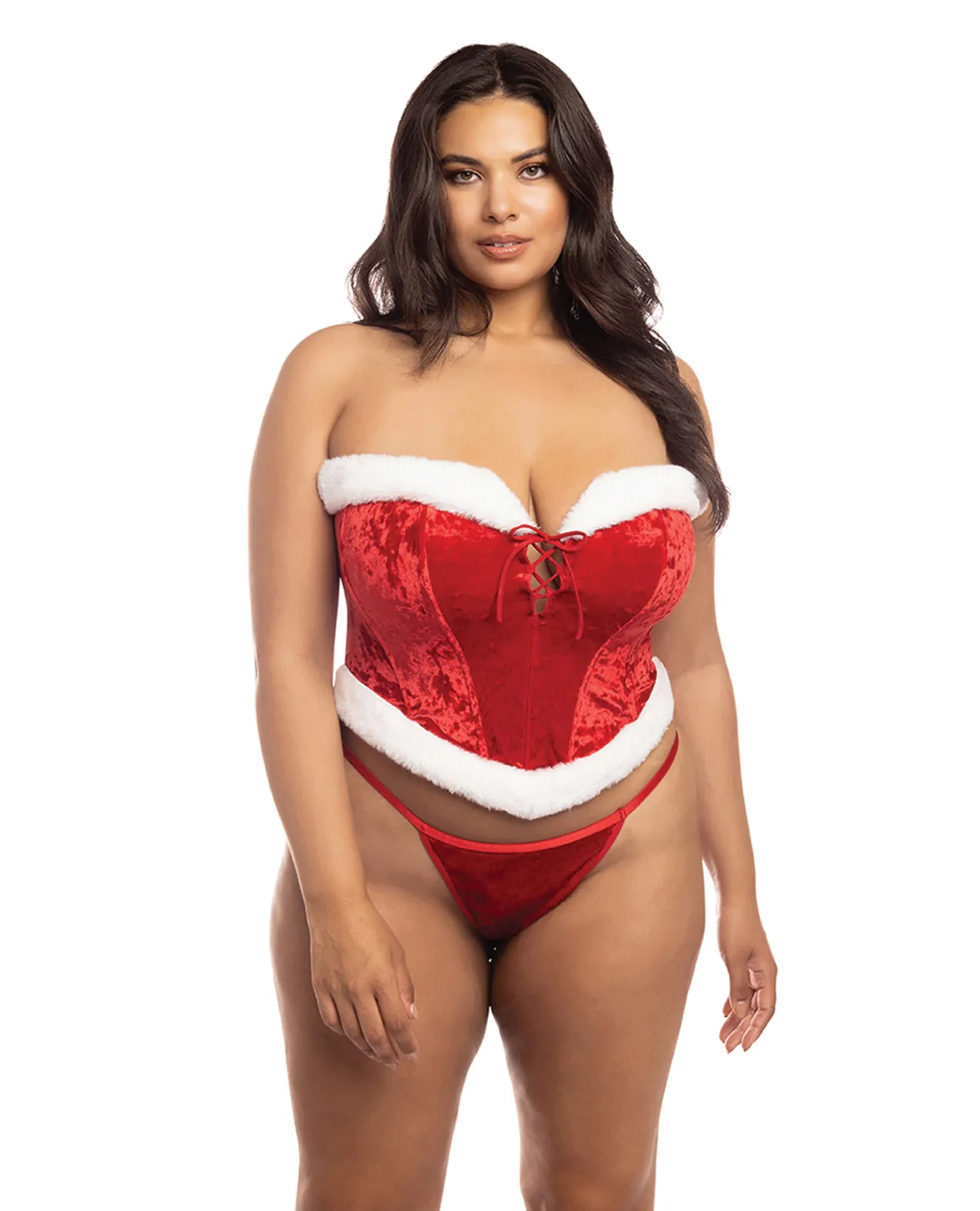 Holiday Santa's Entourage Boned Velvet Bustier w/Marabou Trim & G-String 1X/2X