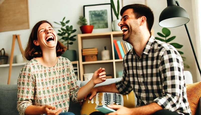 Love Languages Reimagined: A man and woman sit on a couch laughing together