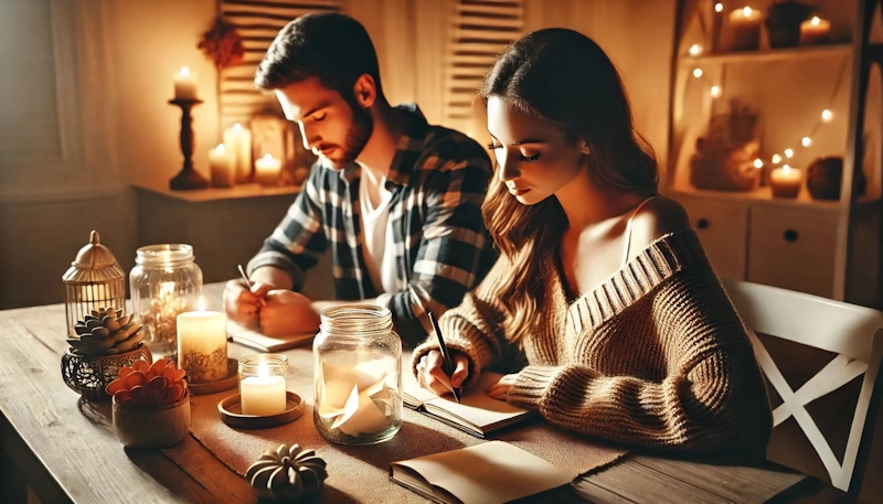 Love languages reimagined: A couple exchanging notes at a candlelit table