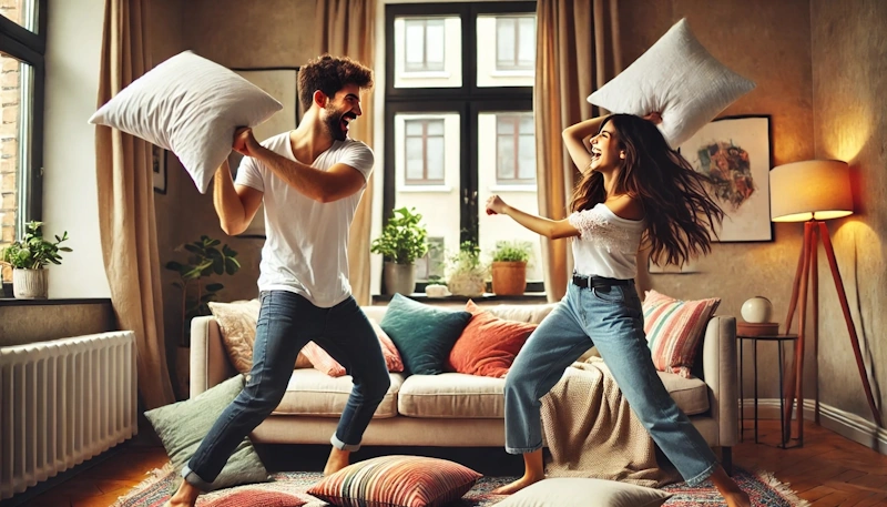 Love Languages Reimagined: Two people joyfully play with pillows