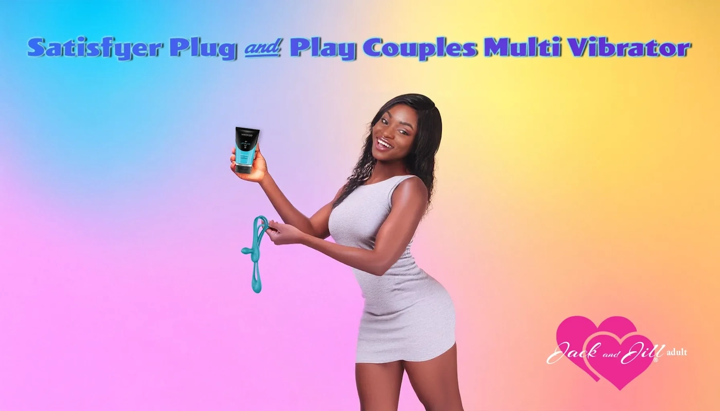 A woman holding satisfyer plug and play couples multi vibrator