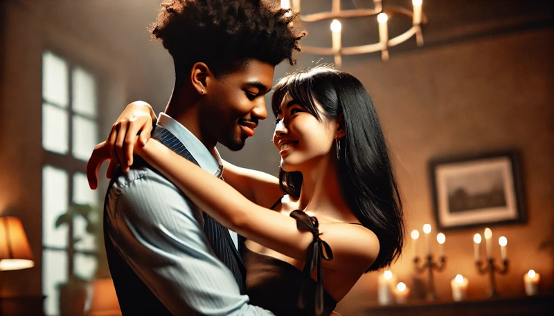 A couple embracing in a candlelit room, expressing intimacy through dance moves.