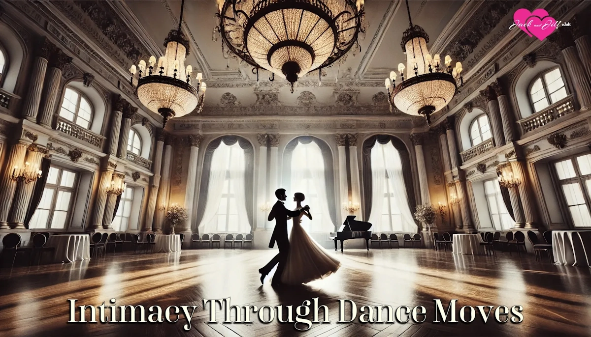 A couple dancing in a grand ballroom showcasing intimacy through dance moves.