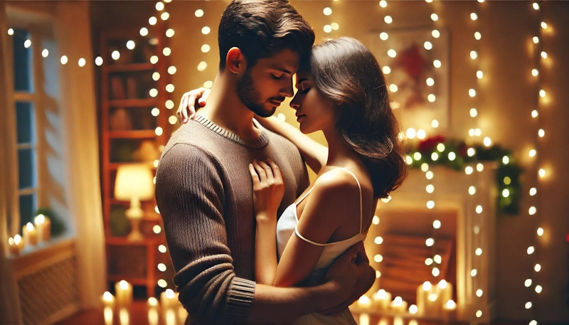 A couple slow dance under the lights, embracing in a warmly lit, festive living room with Christmas decorations.