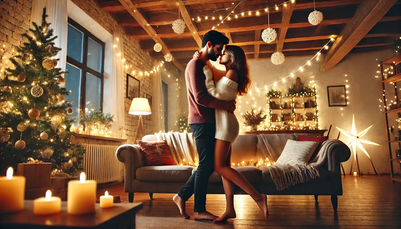 A couple embrace swith a slow dance under the lights in a decorated living room with a Christmas tree and candles.