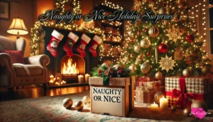 Cozy holiday living room with a naughty or nice holiday surprises gift box