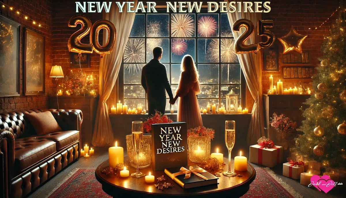 Cozy living room with a couple watching fireworks through a window representing new year new desires