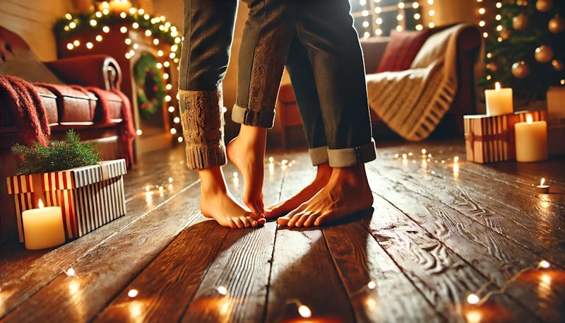 A couple barefoot slow dance under the lights on a wooden floor