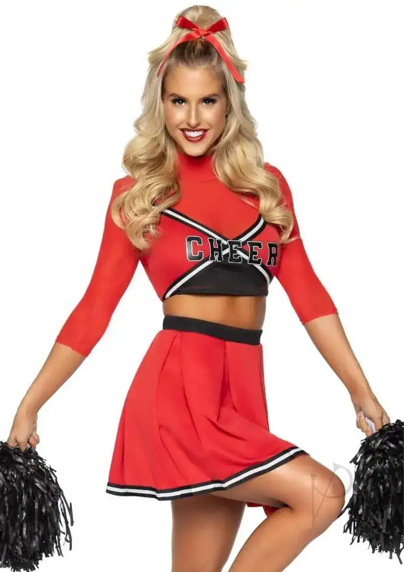 Varsity Babe Crop Top with Pleated Skirt & Poms - Medium/Large - Red - Image 2