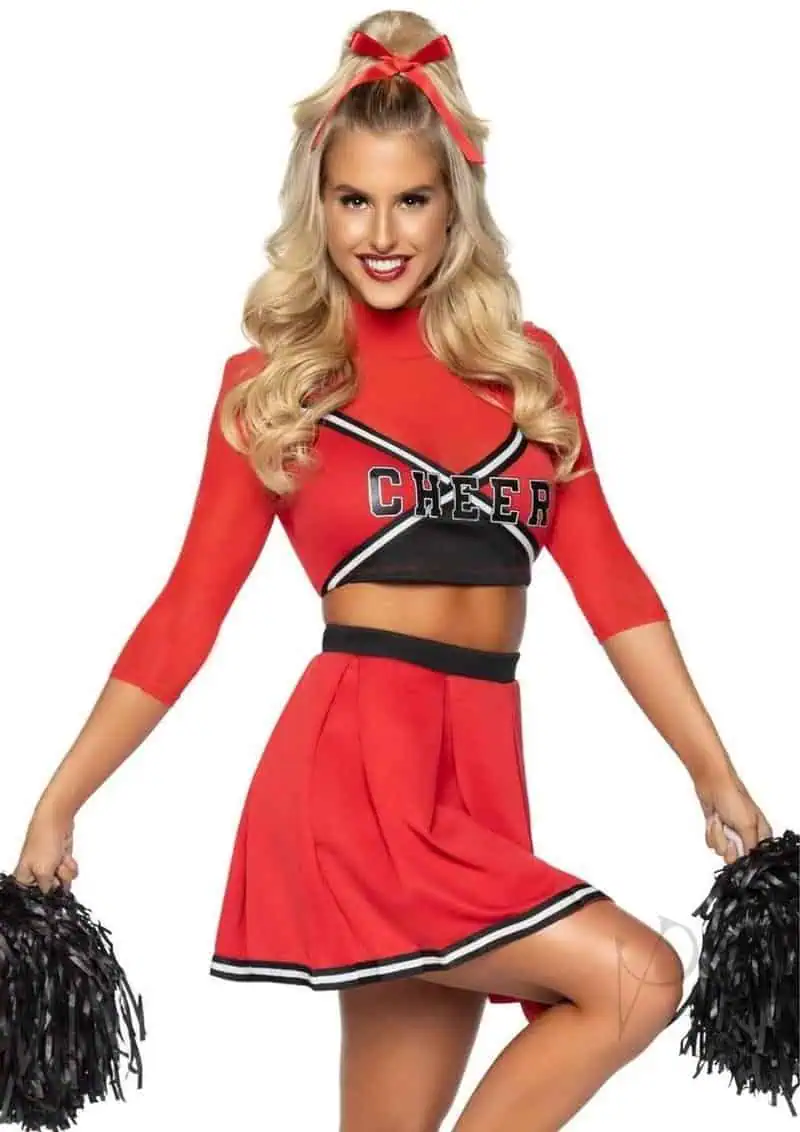 Varsity Babe Crop Top with Pleated Skirt & Poms - XSmall - Red - Image 2