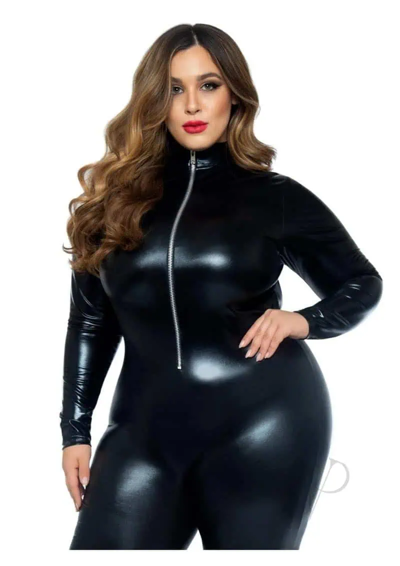 Wet Look Cat Suit - 1X/2X - Black - Image 2