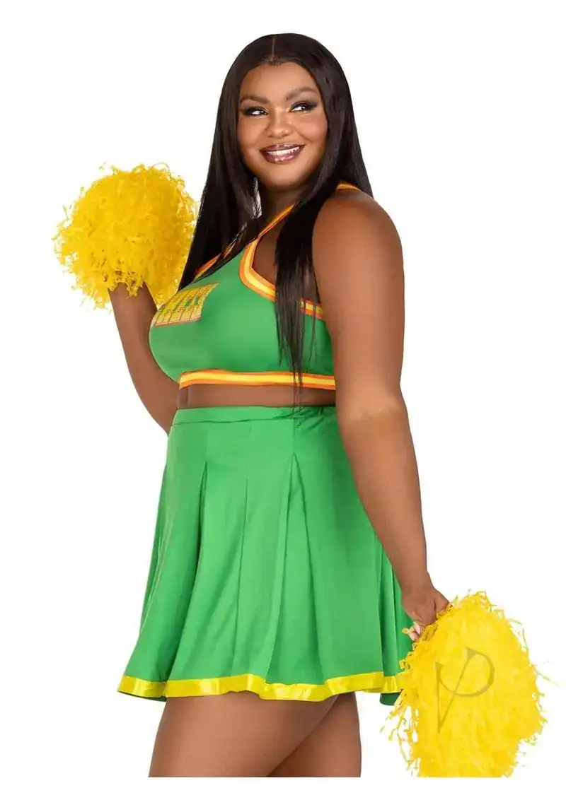 Leg Avenue Bring It Baddie Set Top with Cheer Logo, Pleated Skirt and Pom Pom (3 Piece) - 1X/2X - Green - Image 2
