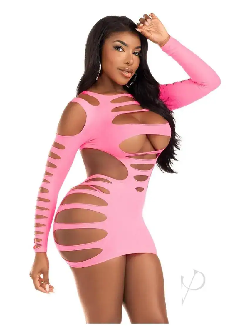 Leg Avenue Opaque Shredded Cut-Out Mini Dress - O/S - Neon Pink - Image 2