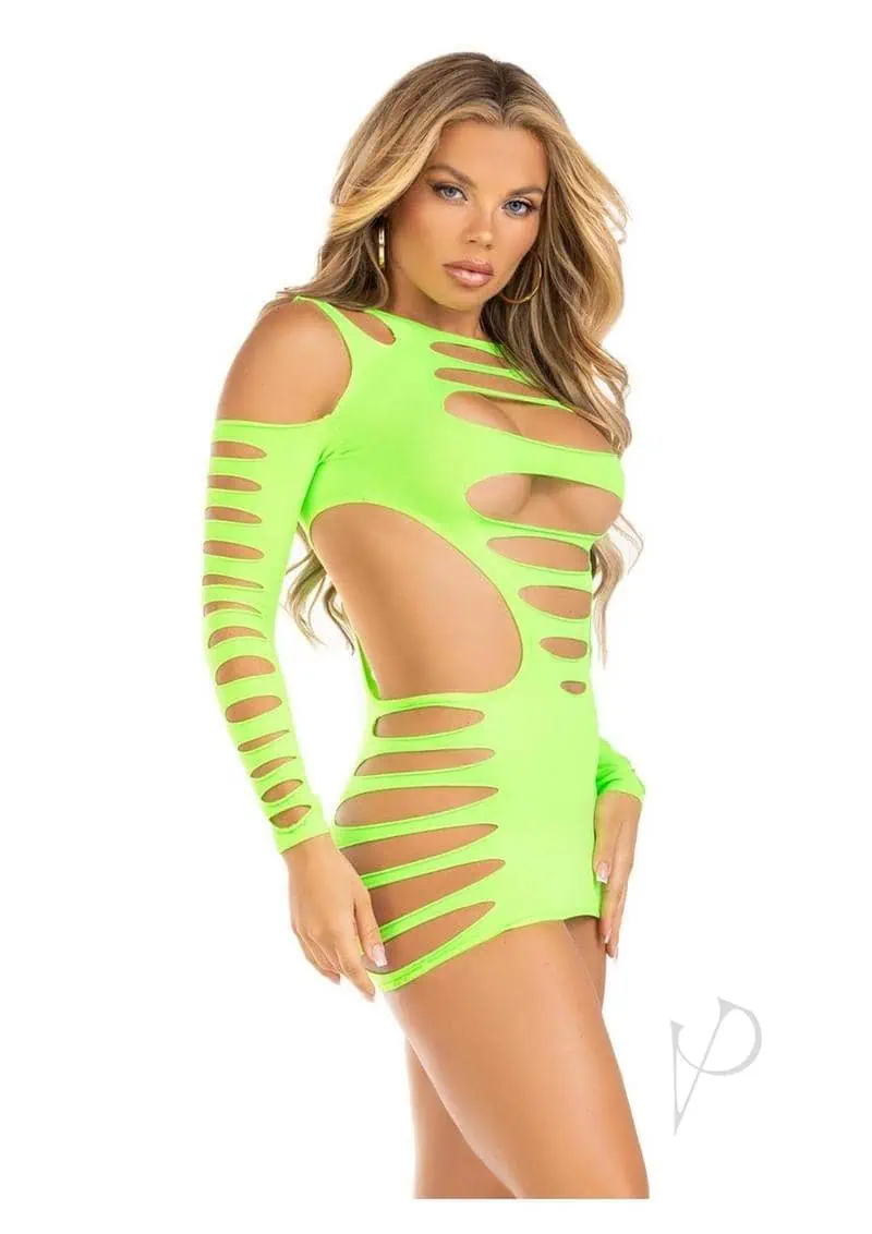 Opaque Shredded Cut-Out Mini Dress - O/S - Neon Green - Image 2
