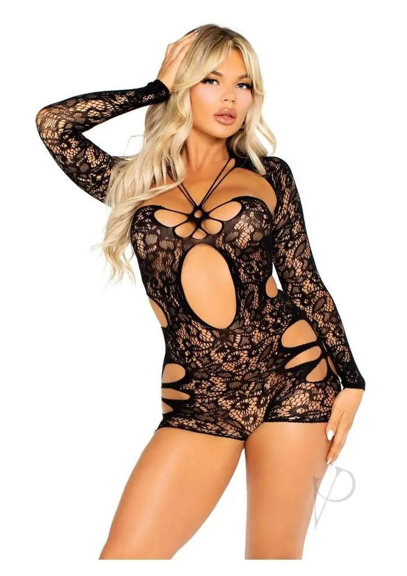 Cut-out Lace Romper With Attached Shrug Black O/S