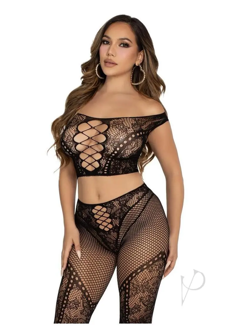 2 Pc Net And Lace Off-the-shoulder Crop