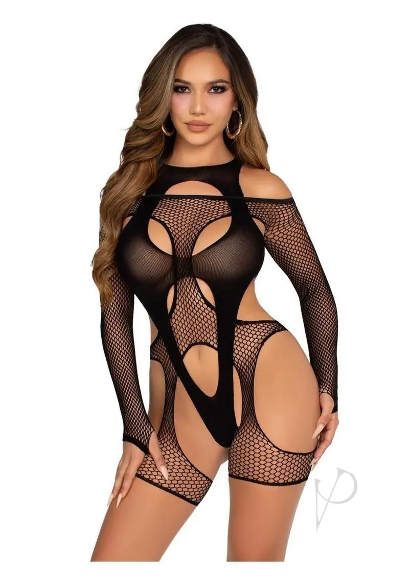 Off-the-Shoulder Fishnet Garter Harness Layered Cut Teddy O/S