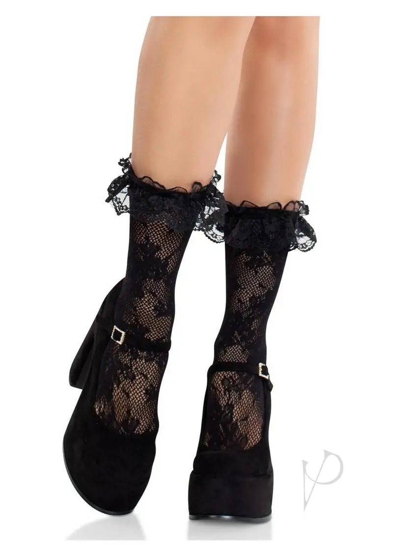 Floral Lace Ruffle Top Anklets Black O/S