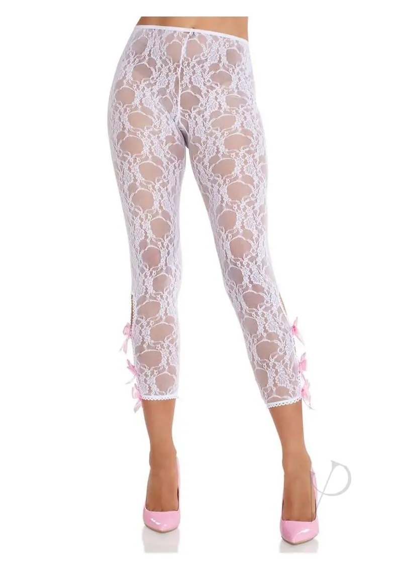 Scalloped Trimmed Floral Lace Footless Capri Tights - White OS