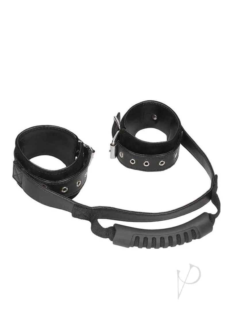 Shots Ouch Black & White Bonded Leather Hand Cuffs w/Handle - Black - Image 6