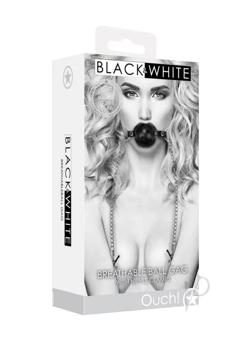 Shots Ouch Black & White Breathable Ball Gag w/Nipple Clamps - Black - Image 5